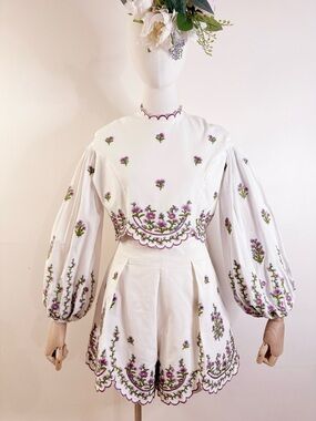 🌸 Floral Embroidered Cotton Top & Shorts Set 🌸